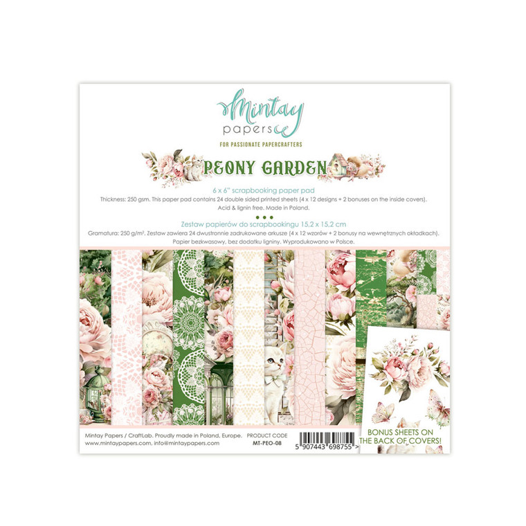 Mintay Papers - Peony Garden - 6 x 6 Paper Pad (MT-PEO-08)

This 6" x 6" paper pad is part of the Peony Garden Collection from Mintay Papers.  This paper pad includes 24 double sided printed papers, you get four of each of the 12 designs.  There are also two bonus sheets with elements on the front and back covers.  These designs are printed on 250gsm paper which is heavyweight paper.  These papers and the elements can be used on cards, scrapbook pages, tags, journals, and other paper crafting projects.  The papers are acid and lignin free.