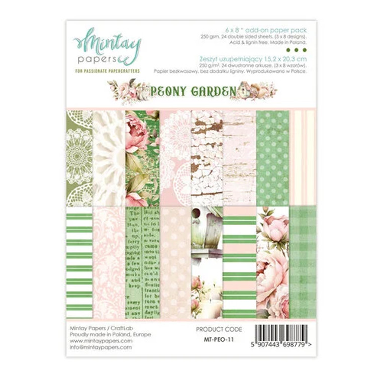 Mintay - Peony Garden Collection - 6 x 8 Add On Paper Pack (MT-PEO-11)

This 6" x 8" paper pad Add-On is part of the Peony Garden Collection from Mintay Papers. This paper pad includes 24 sheets of double sided paper, you get three each of eight designs. These designs include pink and green doilies, pink peonies, pink and green stripes, plaids, text, woodgrain, and more. These designs are printed on 250 gsm paper which is heavyweight paper. These papers can be used for cards, scrapbook pages, tags, journals, and other paper crafting projects. This paper is acid and lignin free. 