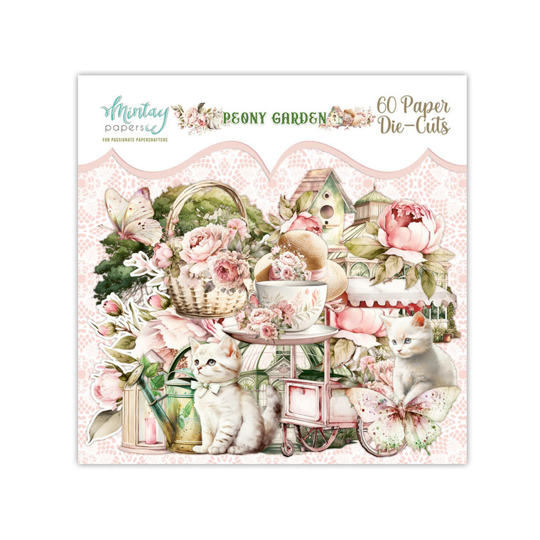 Mintay - Paper Die Cuts - Peony Garden (MT-PEO-LSC)

This package of 60 paper die cuts (embellishments/ephemera) is part of the Peony Garden Collection from Mintay Papers.  This package includes a variety of die cuts, some with a white margin around them.  These pieces can be added to cards, scrapbook pages, tags, journals, and other paper crafting projects.  Paper Weight 250gsm.
