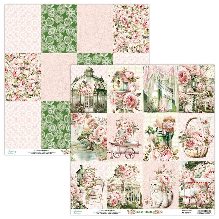Mintay Papers - Peony Garden Collection - 12 x 12 Double Sided Sheet (MT-PEO-06)

This 12" x 12" double sided paper, Peony Garden 06 is part of the Peony Garden Collection from Mintay Papers.  The front of this paper features 12 element cards filled with items from this collection.  The reverse side has the back of the element cards with patterns and designs to compliment the collection.  These designs are printed on 250 gsm paper which is heavyweight paper.  This paper can be used for cards, scrapbook pages, tags, journals, and other paper crafting projects.  This paper is acid and lignin free, and archival-safe.