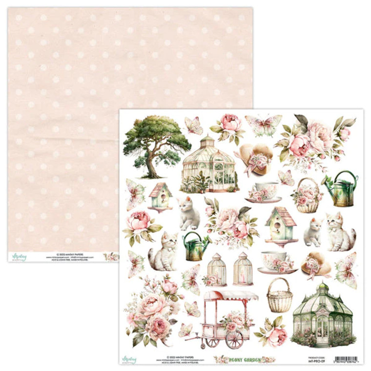 Mintay Papers - Peony Garden Collection - 12 x 12 Double Sided Sheet (MT-PEO-09)

This 12" x 12" double sided paper, Elements, is part of the Peony Garden Collection from Mintay Papers.  The front of this paper includes lots of pink peonies and green foliage, a tree, greenhouses, kittens, butterflies, a flower cart, birdhouses, and more.  The reverse side is light pink with lighter pink polka dots.  This paper can be used for cards, scrapbook pages, tags, journals, and other paper crafting projects.  This paper is 250 gsm weight which is heavyweight cardstock.  This paper is acid and lignin free. 