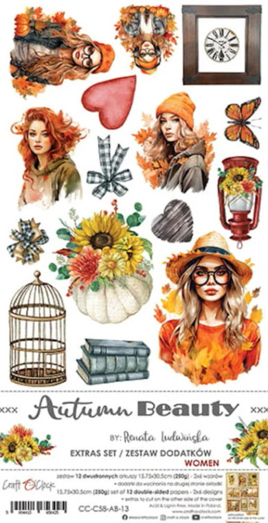 Craft O'Clock - Autumn Beauty Collection - Women - Set of Extras to Cut - 6x12 (CC-C58-AB-13)

A set of 12 double-sided pages of a high quality scrapbooking paper with extra elements to cut (2x6 designs) + 1x sheet with EXTRAS TO CUT on the other side of the cover.  Every page is of a 15,5x30,5cm size.  Paper Weight: 250gsm.  Acid and Lignin free.  Made in Poland.