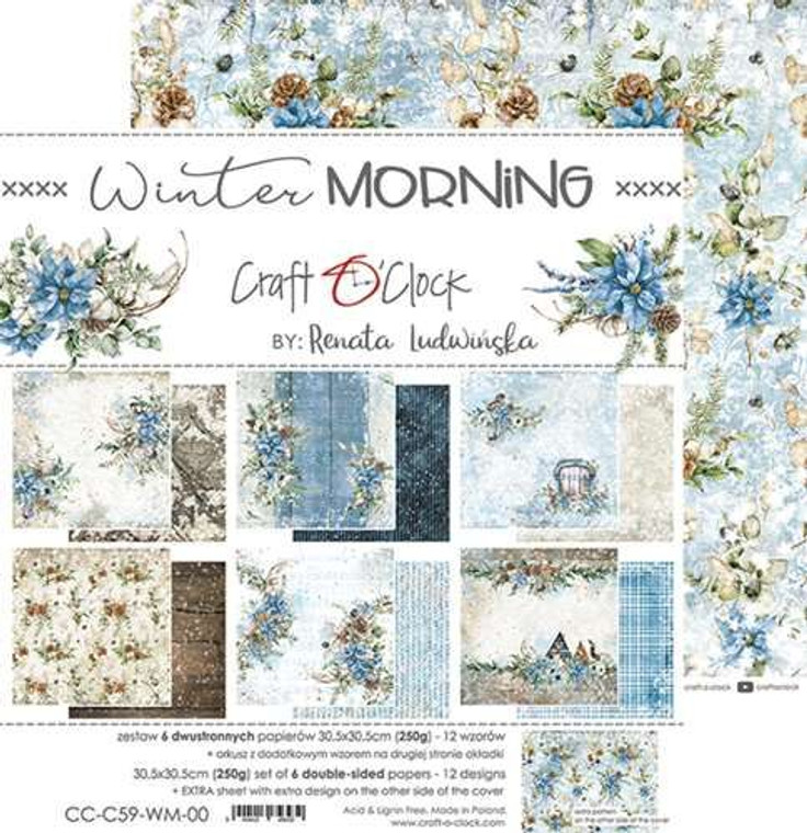 Craft O'Clock - Winter Morning - Paper Pad - 12 x 12" (CC-C59-WM-00)

Pack of double-sided pattern sheets in the "Winter Morning" series from Craft O' Clock.  There are 6 sheets in the package, as well as Extras to cut on the back of the cover. The sheets measure approx.  12x12 (30.5cm x 30.5cm)  Paper Weight: 250gsm.  Acid and lignin free.