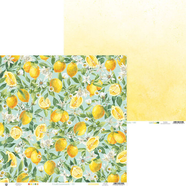 P13 - Fresh Lemonade - 12 x 12 Double Sided Scrapbooking Paper (P13-LEM-07)

This 12" x 12" double sided paper, is part of the Fresh Lemonade Collection from P13.  The front of this paper features lemons, white blossoms, and leaves.  The reverse side of this paper starts with dark yellow at the bottom to a very faint yellow at the top.  These designs are printed on 240 gsm paper which is medium-weight paper.  This paper weight makes it perfect for layering projects.  It is a good choice where heavier paper weight is needed.  For best results score the paper before folding.  This paper can be used for cards, scrapbook pages, tags, journals, and other paper crafting projects.   The paper is FSC (Forest Stewardship Council) certified, and is acid and lignin free.