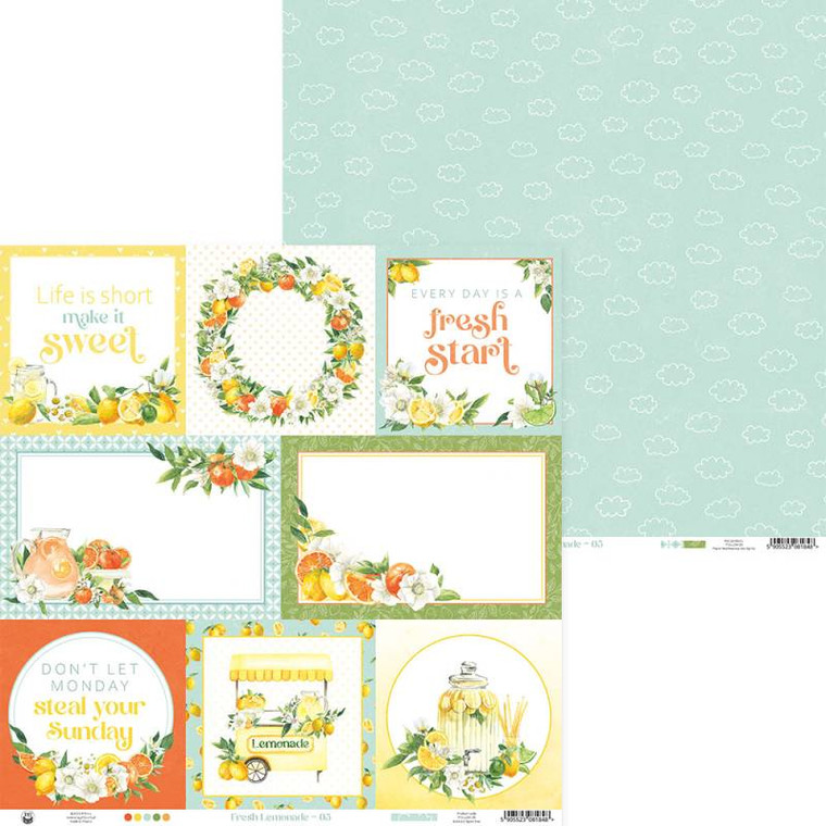 P13 - Fresh Lemonade - 12 x 12 Double Sided Scrapbooking Paper (P13-LEM-05)

This 12" x 12" double sided paper, is part of the Fresh Lemonade Collection from P13.  The front of this paper features 10 element or journaling cards, each with flowers, oranges, lemons, a lemonade stand and/or words and phrases.  The reverse side of this paper is green and features white outlines of clouds.  These designs are printed on 240 gsm paper which is medium-weight paper.  This paper weight makes it perfect for layering projects.  It is a good choice where heavier paper weight is needed.  For best results score the paper before folding.  This paper can be used for cards, scrapbook pages, tags, journals, and other paper crafting projects. The paper is FSC (Forest Stewardship Council) certified, and is acid and lignin free.