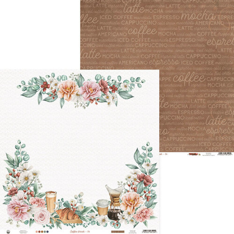 P13 - Coffee Break - 12 x 12 Double Sided Scrapbooking Paper (P13-COF-06)

This 12" x 12" double sided paper, is part of the Coffee Break Collection from P13.  The front of this paper has a white background with a partial wreath on the bottom filled with coffee-related products, flowers, and foliage.  The top of the paper features a large spray of flowers and foliage.  The reverse side is brown and filled with lighter brown coffee words and phrases.  These designs are printed on 240 gsm paper which is medium-weight paper.  This paper weight makes it perfect for layering projects.  It is a good choice where heavier paper weight is needed.  For best results score the paper before folding.  This paper can be used for cards, scrapbook pages, tags, journals, and other paper crafting projects.  The paper is FSC (Forest Stewardship Council) certified, and is acid and lignin free.