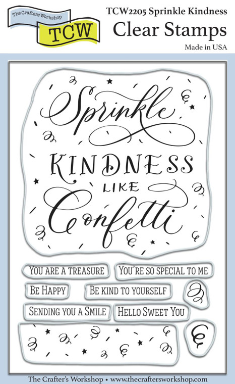 TCW (The Crafter's Warehouse - Photopolymer Stamp Set - Sprinkle Kindness (TCW2205)

The Crafters Workshop, Sprinkle Kindness Stamp Set, designed by Kristen Palese.  Beautiful stamps for Scrapbooking, Cardmaking, Art Journals, Mixed-Media, Collages, Paper Arts, Surface Design, Quilting, Stenciling, Home decor and more!  Stamps will cling to a lucite block (purchased separately)  Cleans up easily with water or stamp cleaner.