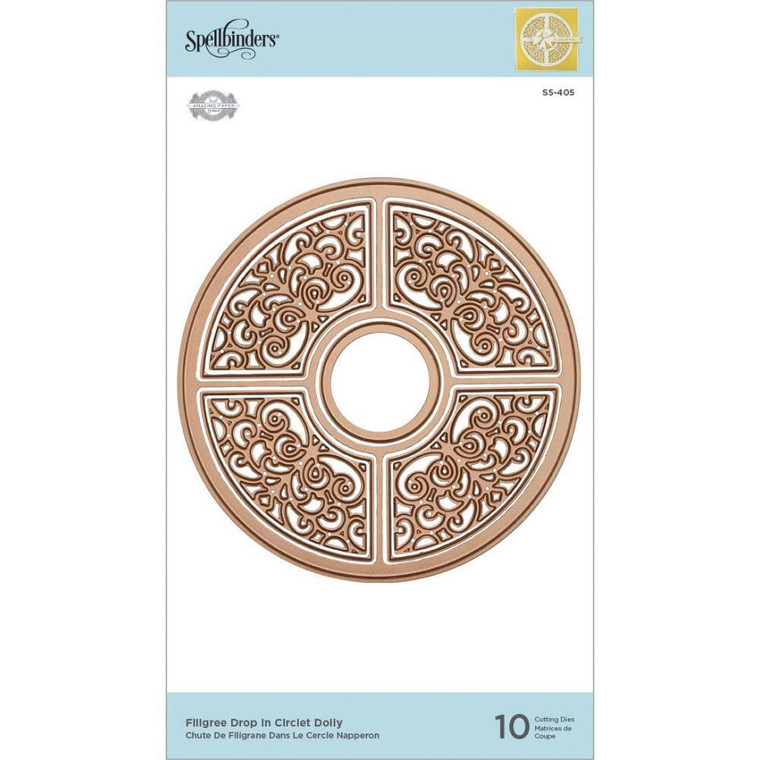 Spellbinders Dies - Filigree Drop In Circlet Doily by Becca Feeken (S5-405)

This Spellbinders Filigree Drop In Circlet Doily Etched Die set is from the Dimensional Doily Collection by Becca Feeken and is a set of 10 thin metal dies.  These dies make a unique ring shape design.  How to Create a Doily: Die cut eight petal doily elements.  Each petal has an extension on opposite sides.  Note the cut slots and the perforated lines which are fold lines.  Mountain-fold the outer line and Valley-fold the inner line.  To assemble an intricate doily design, slide each petal doily element together by interlocking the slotted sides.  Dimensional Doily Collection is full of intricate lace designs inspired by vintage doilies.  Becca Feeken brings an innovative twist to each set with an interlocking feature that connects the elements to create these beautiful shapes.