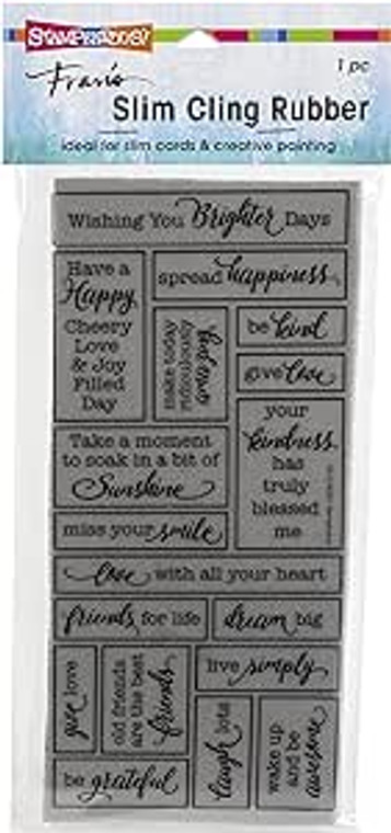 Stampendous - Cling Rubber Stamp - Slim Boxed Words (CSL10)

These words can be used as a background, or try stamping them on colored papers and cutting them out as focal points. This 3.75 X 8.25 inch cling rubber stamp has the image on top for easy alignment. Use with our 4 X 8.5 inch acrylic handle, sold separately. Design copyright 2021 Fran Seiford and Stampendous. Made in the USA.