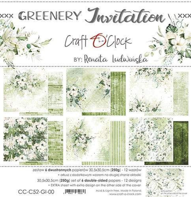 Craft O'Clock - Greenery Invitation - Paper Set 12"x12" (CC-C52-GI-00)

A set of 6 double-sided pages (12 patterns) of a high quality scrapbooking paper.  Each page is of a 30,5x30,5cm (12x12 inches) size plus a strip with the name.  Plus, each set contains 1x sheet with EXTRAS TO CUT on the other side of the cover.  The single page weighs 250g/m2.