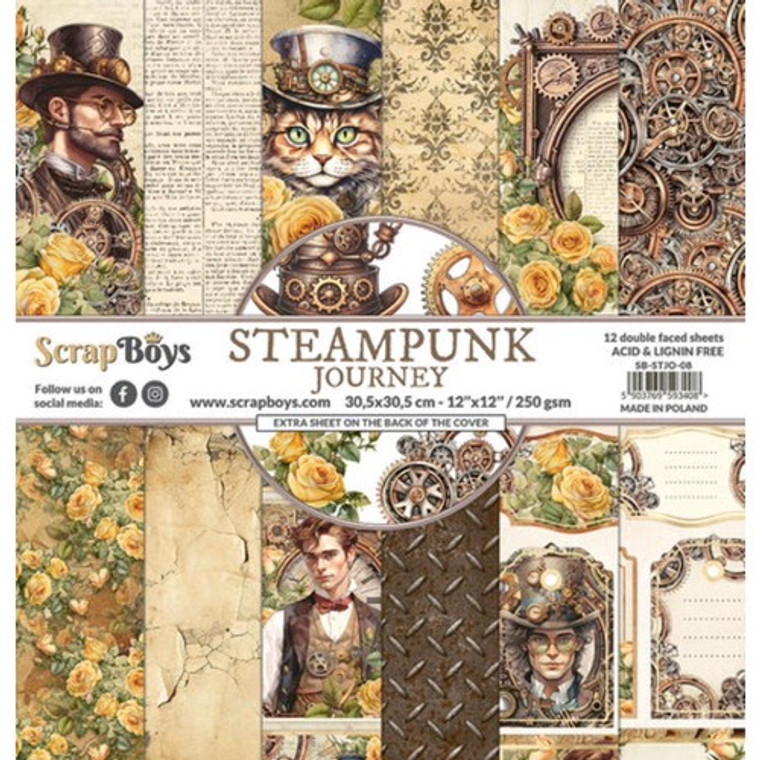 ScrapBoys - Steampunk Journey - 12"x 12" Paper Pad (SB-STJO-08)

Steampunk Journey Collection - The set includes: 12 sheets printed on both sides + an additional card for cut out elements.  Size: 12"x12" - 30.5x30.5 cm.  Paper weight: 250gsm.  Price for 1 set. Acid & lignin free. Made in Poland.