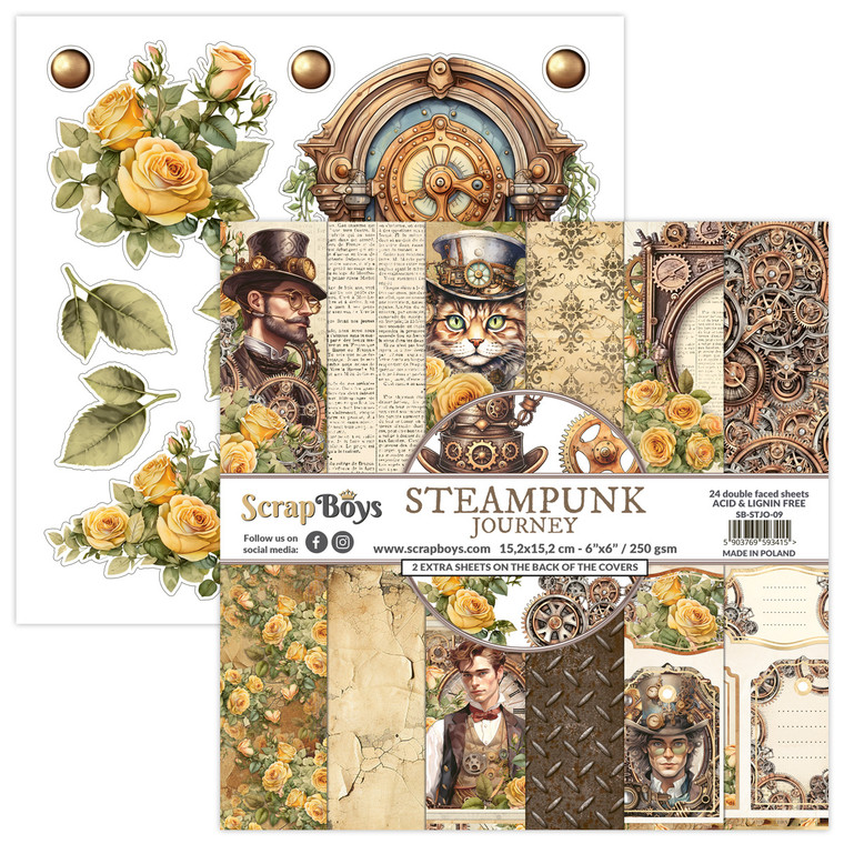 ScrapBoys - Steampunk Journey -  6"x 6" Paper Pad (SB-STJO-09)

Steampunk Journey 6x6" Paper Pad ScrapBoys Journaling Scrapbooking Card Craft

A set of double-sided scrapbooking papers from the Steampunk Journey collection.  The set contains 24 sheets (4 of each design) and bonus on the covers.  Paper Weight 250g  Perfect for decorating albums, tags, cards, ideal as a base for albums.  Acid-free and wood-free.  Made in Poland.