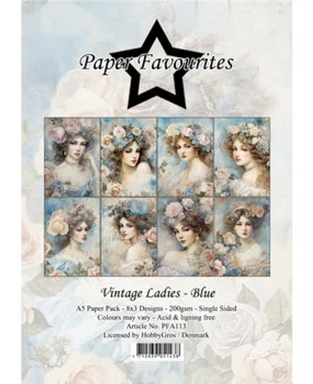 Paper Favourites - Vintage Ladies - Blue - A5 Paper Pack (PFA113)
Paper Favorites is a brand from Denmark. This young brand specializes in design paper for creative applications.  Pack contains 24 A5 Sheets 15x24cm. (8x3  Designs).  Paper Weight: 200gsm.  Acid and lignin free.

 