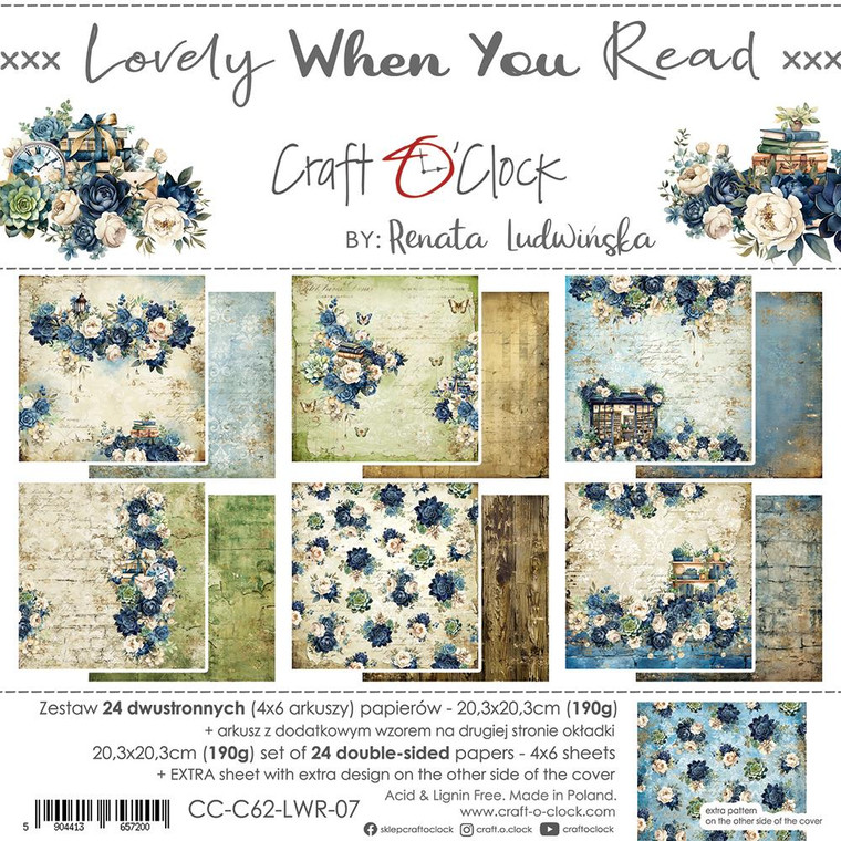 Craft O'Clock - Lovely When You Read - 8x 8 (CC-C62-LWR-07)
Paper Collection Set 20,3x20,3cm Lovely When You Read, 190 gsm (24 double-sided sheets: 4 x 6 sheets)

 