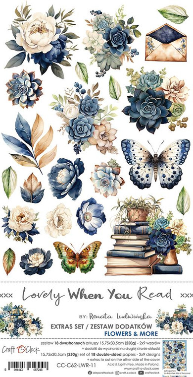 Craft O'Clock - Lovely When You Read - Extras Flowers and More - 6" x 12" (CC-C62-LWR-11)
Pack of double-sided pattern sheets.  There are 18 sheets, 2 x 9 designs plus bonus design on the cover.
15.5 x 30.5 cm mirror print.  Paper Weight: 250gsm.  Acid and lignin free.