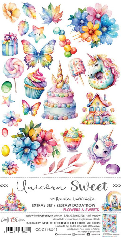 Craft O'Clock - Unicorn Sweet - Flowers and Sweets - 6" x 12" (CC-C61-US-11)
Pack of double-sided pattern sheets.  There are 18 sheets, 9 designs, 2x9 double-sided sheets + 2x bonus on the cover)
15.5 x 30.5 cm.  Paper Weight: 250gsm.  Acid and lignin free.