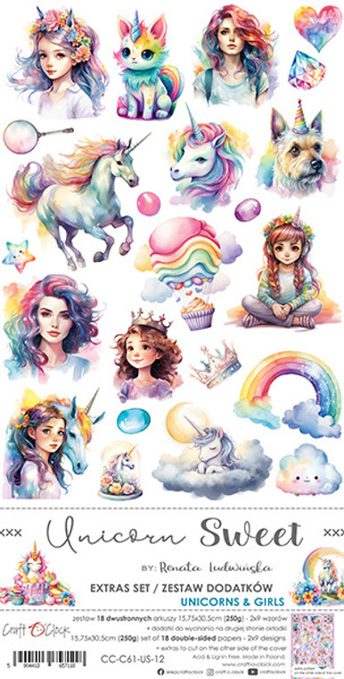 Craft O'Clock - Unicorn Sweet - Unicorns and Girls - 6" x 12" (CC-C61-US-12)
Pack of double-sided pattern sheets.  There are 18 sheets, 9 designs, 2x9 double-sided sheets + 2x bonus on the cover)
15.5 x 30.5 cm.  Paper Weight: 250gsm.  Acid and lignin free.

 