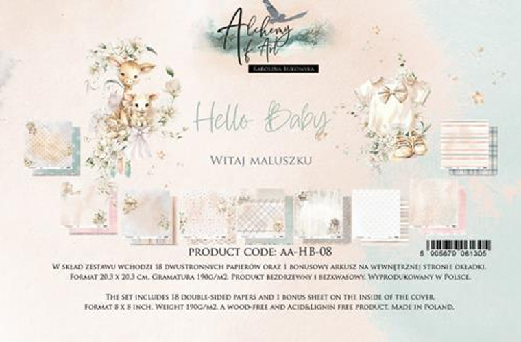 Alchemy Of Art - Hello Baby - 8" x 8" (AA-HB-08)
Pack of double-sided pattern sheets in the "Hello Baby" series from Alchemy of Art.  There are 18 double sided sheets, 
Paper Weight: 250gsm.  Acid and lignin free.