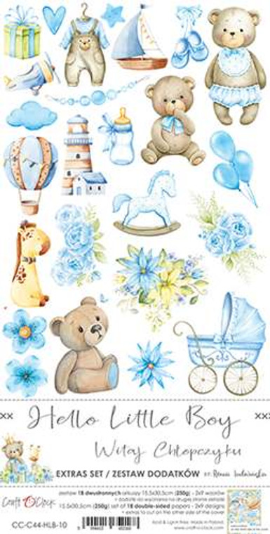 Craft O'Clock - Hello Little Boy - Extras Set- 6" x 12" (CC-C44-HLB-10)

A set of 18 sheets of high-quality double-sided scrapbooking paper with accessories for self-cutting - 2x9 patterns. The size of each sheet: 15.5 x 30.5 cm. Paper weight: 250g / m2. Plus the extras / cards on the back of the title page.

An acid-free and wood-free product made in Poland.Craft O'Clock - Hello Little Boy - Extras Set- 6" x 12" (CC-C44-HLB-10)