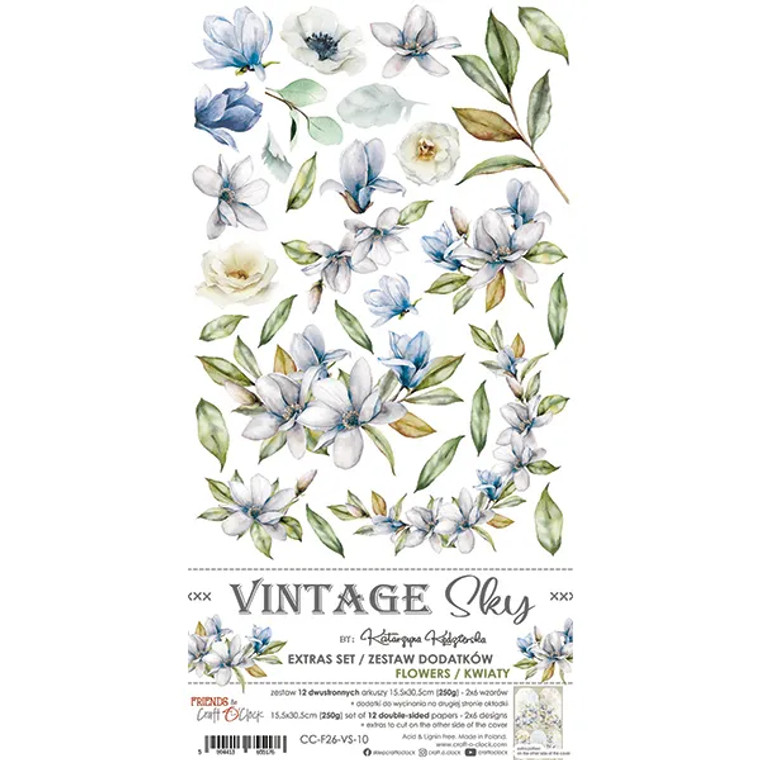 Craft O'Clock - Vintage Sky - Extras Set - 6" x 12" (CC-F26-VS-10)

A set of 12 sheets of high-quality double-sided scrapbooking paper with extra elements for self-cutting - 2x6 patterns.  Extra elements to cut on back of front cover.  Part of the Vintage Sky Collection from Craft O'Clock.  Approx size of each sheet: 6"x8" (15.5 x 30.5 cm).  Paper weight: 250gsm.  An acid-free and wood-free product made in Poland.