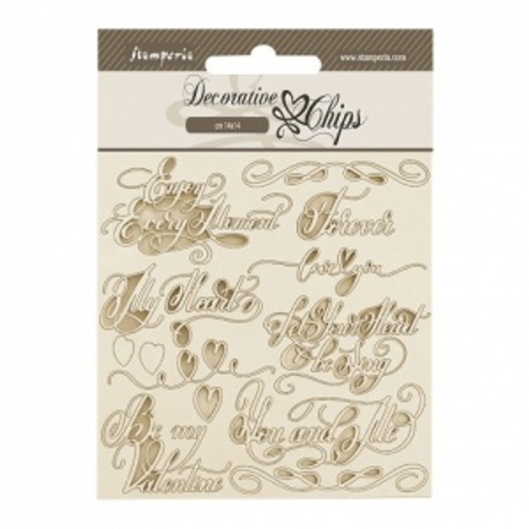 Stamperia Decorative Chips - Romance Forever - Quotes 14 x 14 cm (SCB202)

This assortment of Stamperia embellishments will be ideal for decorating your creations or your interior: frames, boxes, mirrors, Scrapbooking pages, cards, etc.  You can use them as is or paint, colour, and emboss them.  These light and delicate shapes with fine detail have been laser cut to match with the Stamperia Papers.  They are perfect accents on cards and scrapbook pages.  Laser cut chipboard embellishments to bring out perfect detail.  Size: 14cm x 14cm (5.5x5.5")