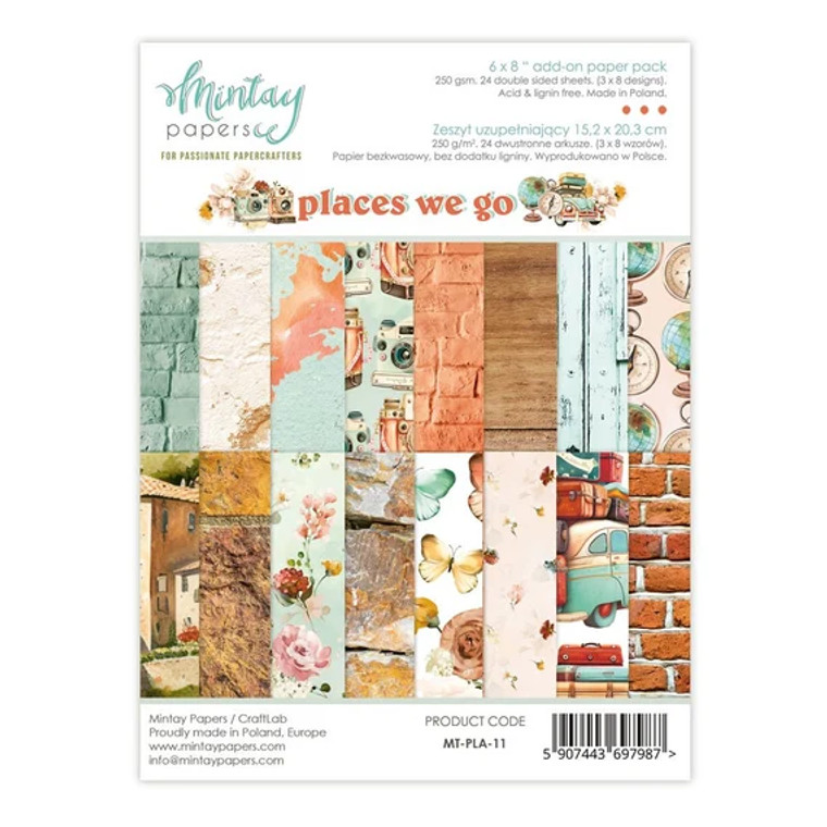 Mintay - Places We Go - 6x8 Add On Paper Pad - (MT-PLA-11)

This paper pad contains 24 double-sided 6x8 sheets of cardstock with 4 each of 6 different designs.  Each page contains uncut elements that can be used as is or fussy cut for your project.  Acid & lignin free.  Made in Poland.