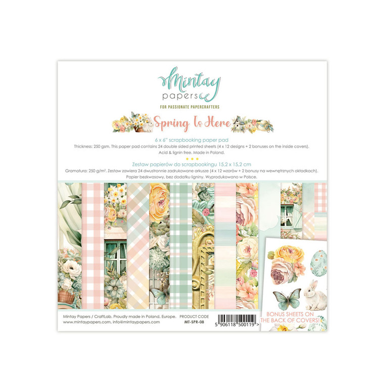 Mintay Papers - Spring Is Here - 6 x 6 Paper Pad (MT-SPR-08)

This 6" x 6" paper pack is part of the Spring Is Here Collection from Mintay Papers.  This paper pack includes 24 double sided papers in 12 designs, you get two sides of each design.  There is also one bonus sheet with cut apart elements on the back of the cover. Soft, beautiful Spring collection with a light vintage twist and Easter motifs at the same time.  Cute chicks and rabbits, stunning cottage utensils and a view of a country house among Spring flora.  These designs are printed on 250 gsm paper which is heavyweight paper. These papers and the elements can be used on cards, scrapbook pages, tags, journals, and other paper crafting projects.  These papers are acid and lignin free.