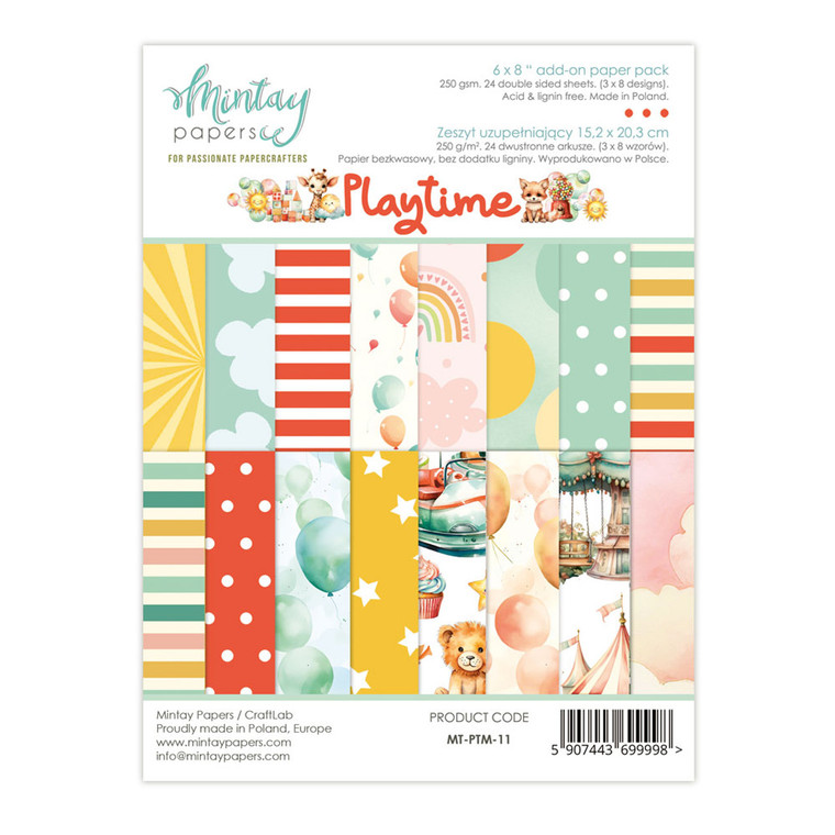 Mintay - Playtime - 6x8 Add On Paper Pack - (MT-PTM-11)

This paper pad contains 24 double-sided 6"x8" (15x20cm) sheets of cardstock with 4 each of 6 different designs from the Playtime Collection.  Each page contains uncut elements that can be used as is or fussy cut for your project.  Paper Weight: 250gsm.  Acid & lignin free.  Made in Poland.