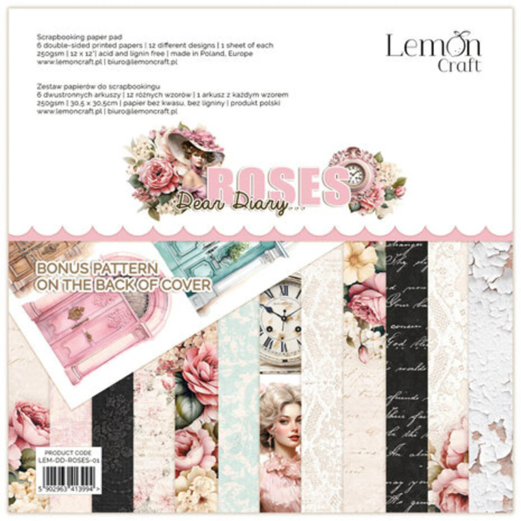 Lemoncraft - Dear Diary - Roses - 12"x 12" - Scrapbooking Paper Pad (LEM-DD-ROSES-01)

Lemoncraft set of scrapbooking papers 12 x 12".  Scrapbooking Papers Pad containing 6 double-sided papers, 12 designs - 1 piece per design.  Paper Weight:  250gsm.  Bonus pattern at the back of the cover.  Acid & lignin free.