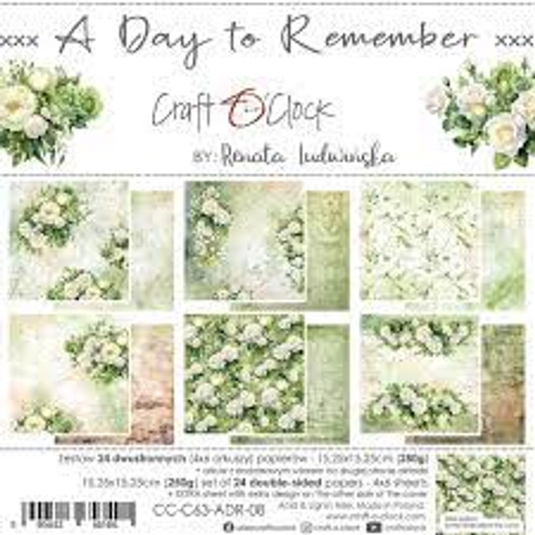 Craft O'Clock - A Day to Remember - 6 x 6 Paper Pad (CC-C63-ADR-08)

Pack contains 24 double-sided pages of a high quality scrapbooking paper.  Set of 6 different designs, 4 of each, which are small versions of the larger papers and sheets with extras.  Paper Weight: 250g.   Acid and lignin free.