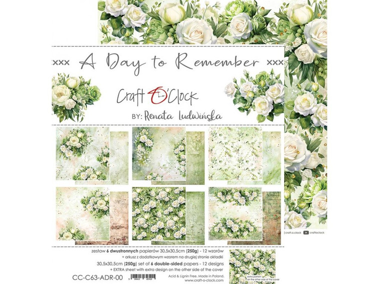 Craft O'Clock - A Day to Remember - 12 x 12  (CC-C63-ADR-00)

A set of 6 double-sided pages (12 patterns) of a high quality scrapbooking paper.  Each page is of a 30,5x30,5cm (12x12 inches).  Extra sheet with extra design on the other side of the cover.  Paper Weight: 250gsm.