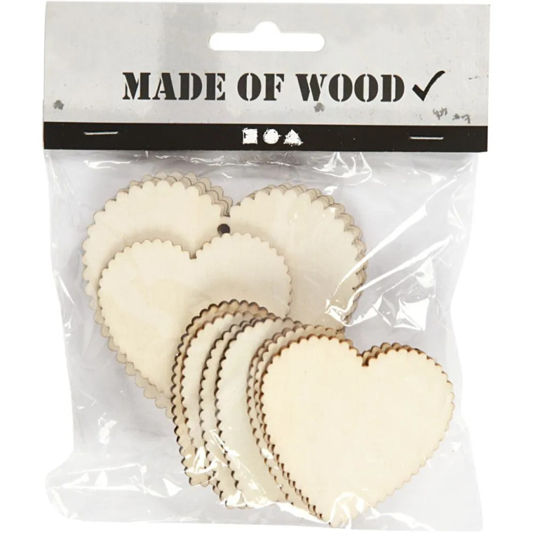 Made of Wood – 3D Wooden Hearts (57505)
Pack contains 4 large hearts with a mounting hole (dia. 2.5 mm) and 8 small hearts.  These hearts are cut in wood veneer with dark, waved edges and they are wooden embellishments that add that little something to your cards, layouts, albums, guest books, frames etc.  They are perfect for scrapbooking, cardmaking and all sorts of craft projects, that will add dimension that extra dimension.
You can decorate these embellishments to perfectly match your project.  You can paint them with acrylic paint, chalk paints, cover them with inks, embossing powder, ink gold, distress ink, paste, pigment powder etc.  Or you could add that little bit of sparkle by adding glitter.