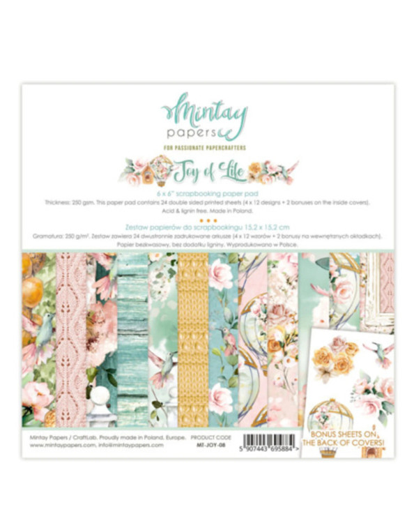 Mintay Papers - Joy of Life - 6 x 6 Paper Pad (MT-JOY-08)

Paperpad contains 24 double-sided sheets, 4 x 6 double-sided papers from the Joy of Life collection.  Matching bonus motifs are provided on the back of the covers.  The sheets are perfect for scrapbooking and cardmaking.  Paper Weight: 240 gsm.  Acid & lignin free. Made in Poland.