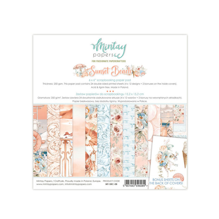 Mintay Papers - Sunset Beach - 6 x 6 Paper Pad (MT-SBC-08)

Paperpad contains 24 double-sided sheets, 4 x 6 double-sided papers from the Sunset Beach collection.  Matching bonus motifs are provided on the back of the covers.  The sheets are perfect for scrapbooking and cardmaking.  Paper Weight: 240 gsm.  Acid & lignin free. Made in Poland.
