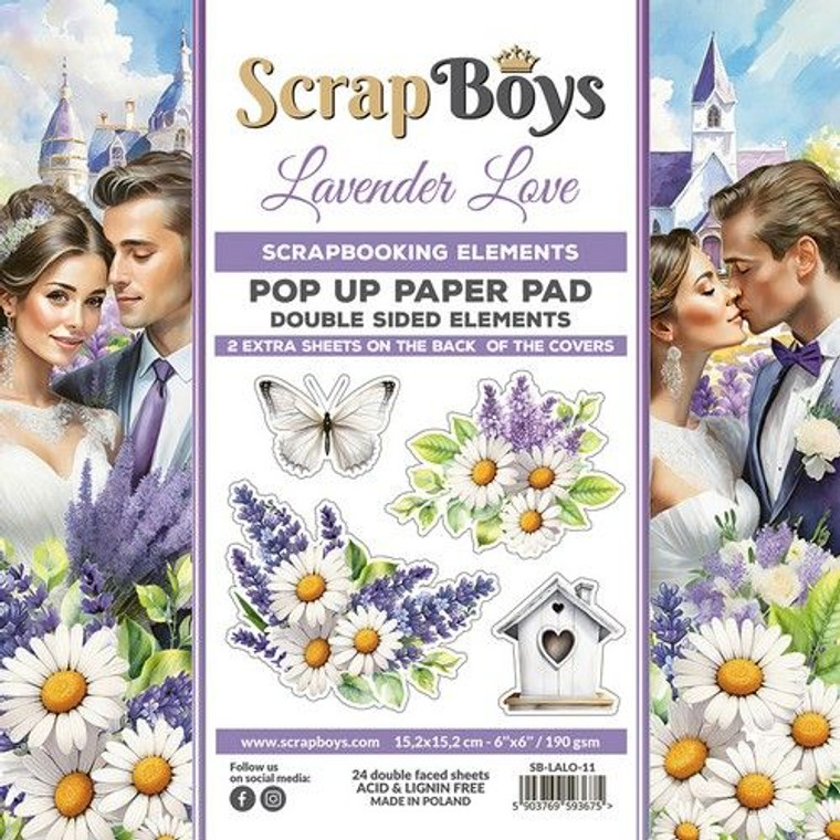 ScrapBoys - Lavender Love - 6"x 6" pop Up Paper Pad - Scrapbooking Elements (SB-LALO-11)

Scrapboys POP UP Paperpad double sided elements - Lavender Love.  (24 sheets, 12 designs, 4x6 double-sided sheets, 2 bonus designs on back of the covers).  Paper Weight: 190gsm.