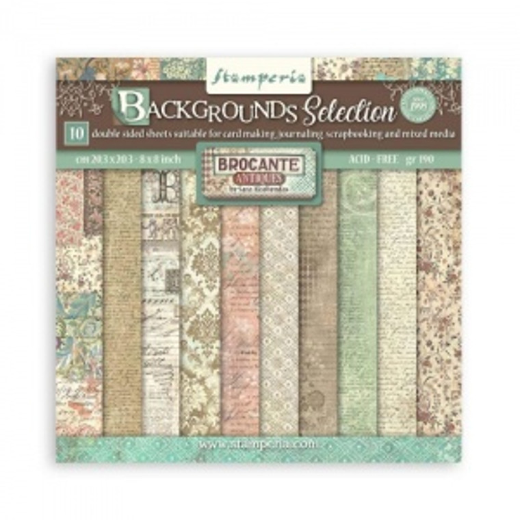 Stamperia - Brocante Antiques - Backgrounds Selection - 8x8 Inch Paper Pad (SBBS102)

Stamperia exclusive designs.  Paper Pad with 10 double-sided patterned paper.  Paper Weight: 190gsm.  Sheet Size: 8in x 8in (20cm x 20cm) approx.  Acid & lignin free.  Made in Italy.