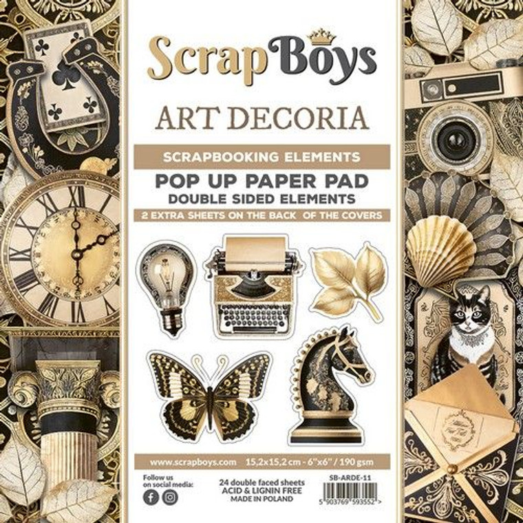 ScrapBoys - Art Decoria -  6 x 6 - Pop Up Pad (SB-ARDE-11)

ScrapBoys papers for scrapbooking. 6 x 6 Pop Up Paper Pads (pads with cut-out elements)  Beautiful elements from the Art Decoria Collection to cut out, there are 24 sheets printed on both sides. After cutting out, each element will be two-sided. Weight: 190 gsm. Acid and Lignin Free.