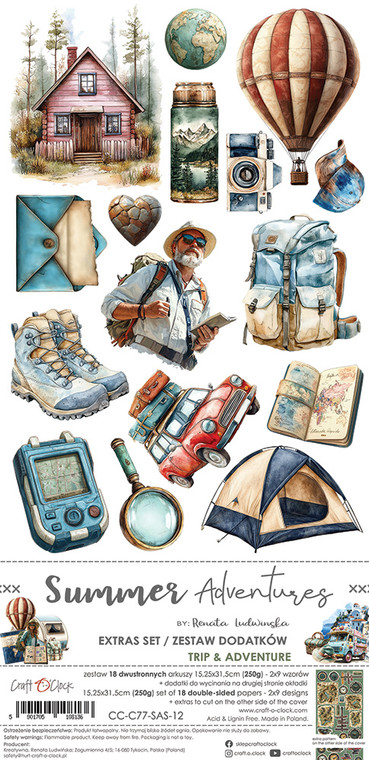 Craft O'Clock - Summer Adventures - Trip and Adventure - 6" x 12" (CC-F77-SAS-12)
A set of 18 double-sided pages of a high quality scrapbooking paper with extra elements to cut (2x9 designs) + 2x sheet with EXTRAS TO CUT on the other side of the cover.  Every page is of a 15.25x31.5cm size.  The paper weighs 250g/m2. This product is acid- and lignin-free.  Made in Poland. Craft O'Clock - Summer Adventures - Trip and Adventure - 6" x 12" (CC-F77-SAS-12)
A set of 18 double-sided pages of a high quality scrapbooking paper with extra elements to cut (2x9 designs) + 2x sheet with EXTRAS TO CUT on the other side of the cover.  Every page is of a 15.25x31.5cm size.  The paper weighs 250g/m2. This product is acid- and lignin-free.  Made in Poland.