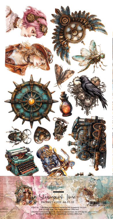Alchemy of Art - Steampunk Time - Add on Set - 6" x 12" (AA-ST-10)

Extra Add On Set of double-sided pattern sheets in the "Steampunk Time" series from Alchemy of Art.  There are 7 sheets with elements to cut out yourself.
Paper Size: 6"x12" (15.5 x 30.5cm).  Paper Weight: 250gsm.  Acid and lignin free.
