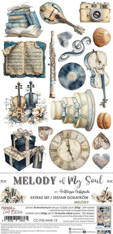 Craft O'Clock - Melody of My Soul - Extras Set - 6" x 12" (CC-F42-MMS-12)

A set of 18 double-sided pages of a high quality scrapbooking paper with extra elements to cut (2x9 designs) + 2x sheet with EXTRAS TO CUT on the other side of the cover.  Every page is of a 15.25x31.5cm size.  The paper weighs 250gsm.  This product is acid and lignin-free.  Made in Poland.