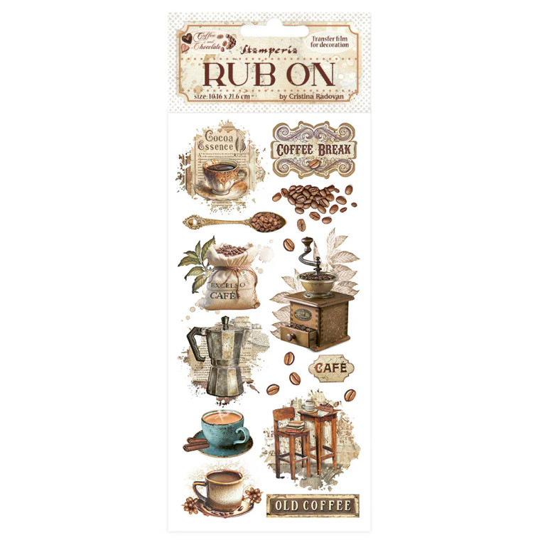 Stamperia - Coffee & Chocolate - Vintage Coffee Moments - Rub-On's (DFLRB193)

Stamperia Coffee & Chocolate Collection.  Rub On's contain lots of images to embellish your projects.  These Rub On's are a great way to add an extra element to your paper craft projects, easy to use and have a very effective finish.  With Rub On you can transfer images onto any kind of smooth surface, as if they were printed on it.  Very suitable for journaling and for decoration.  Best on light colour surfaces.  Stamperia Die Cuts are cardboard decoration to match with Scrapbooking Papers.  They can be easy glued to any work as embellishment.  1 sheet – 10.16 cm x 21.6 cm.