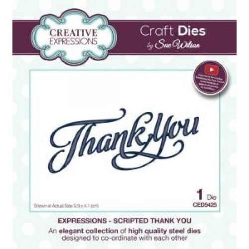 Creative Expressions - Craft Dies by Sue Wilson - Thank You (CED5425)

This 'Thank You' die from Sue’s Wilson's Expressions Collection is perfect to create cards and projects for all occasions.  The high quality steel dies are compatible with most home die cutting machines and will work with the other dies in the collection or on its own.  Made In China.  1 die.  Die size 9.9cm x 4.1cm (4.0 ins x 1.6 ins).