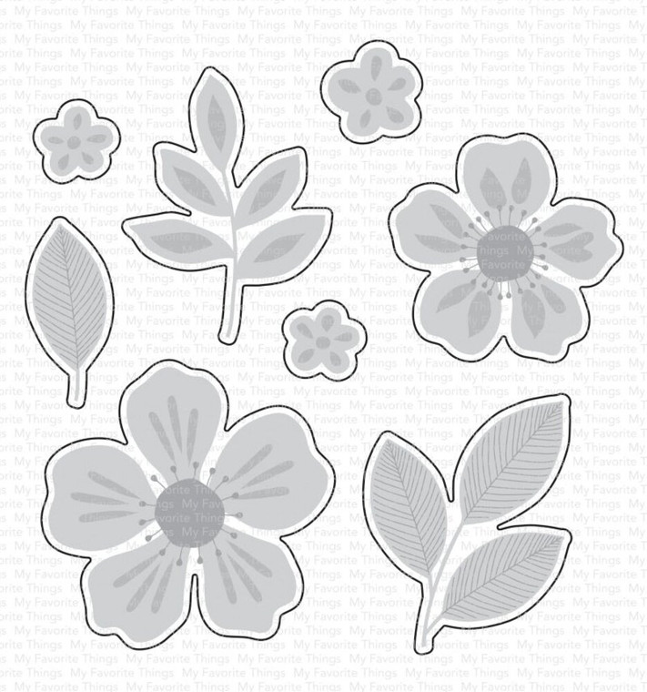 My Favorite Things - Die-Namics - Flashy Florals (MFT-2583)
My Favorite Things Die-namics are metal dies that can be used for die-cutting and embossing. These universal dies can be used in most tabletop die cutting machines.  Die-namics will cut through, card stock, thin cardboard, felt, acetate, canvas, fabric, denim, foam and more.  This die coordinates with the Flashy Florals stamp set for perfectly die-cut images. The dies are open inside to allow you to stamp then cut or cut then stamp. This feature also allows for easier removal of the die cuts.  (8) piece set.  Please refer to the coordinating stamp set for approximate die dimensions.