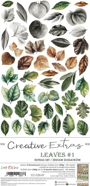 Craft O'Clock - Leaves #1 - Creative Extras Set - 6" x 12" (CC-CEX-07)

A set of 18 double-sided pages of a high quality scrapbooking paper with extra elements to cut (2x9 designs) + 2x sheet with EXTRAS TO CUT on the other side of the cover.  Every page is of a 15.25x31.5cm size.  The paper weighs 250gsm.  This product is acid and lignin-free.  Made in Poland.