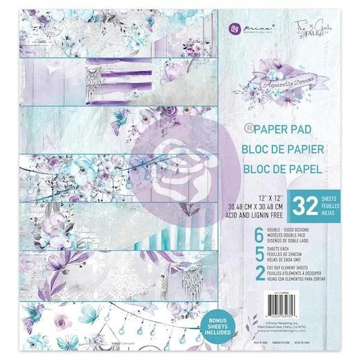 Prima Marketing - 12"x 12" Double Sided Paper Pad - 32pcs - Aquarelle Dreams (659356)

Aquarelle Dreams is a collection of ideas and visions, just like a beautiful dream with a splash of watercolor tales to tell; designed and hand-painted by the artists themselves.  The Aquarelle Dreams collection is inspired by the wanderlust of freshly-picked blooms, dreamy watercolor backgrounds, and a sprinkle of beautiful bohemian elements.  Use this versatile collection to create scrapbook pages, cards, tags, mini albums, and more!  This 12x12 inch paper pad includes 32 sheets of high-quality, acid-free paper.  Including six double-sided papers with five sheets of each design, plus an additional two BONUS element sheets!  Aquarelle Dreams is a new collection by The 3 Girls Tale!