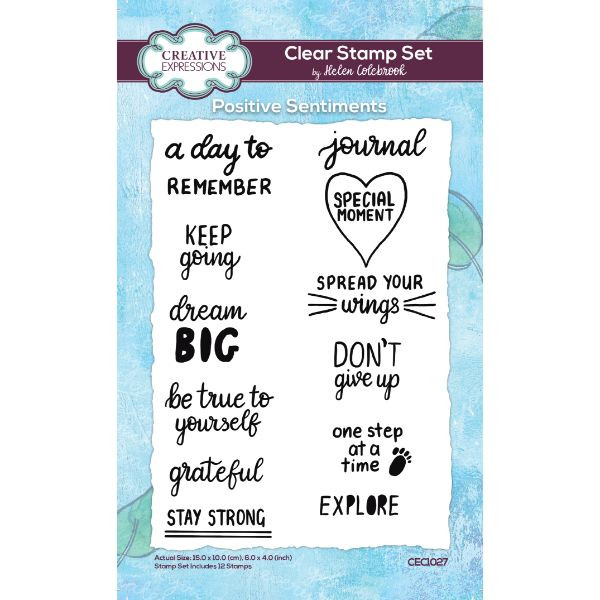 Creative Expressions - Helen Colebrook - Positive Sentiments - 4"x 6" Clear Stamp Set (CEC1027)

Helen Colebrook is an inspirational journaler who creates beautiful pages that are encouraging to beginners and experienced journalers alike. She uses journals to plan out her life, document special moments and keep a record of her day-to-day happenings. This detailed floral stamp set can be used for journaling, but will also be terrific for cards, scrapbook pages and more. Mix and match with Helen’s stencils, dies, papers and washi tape. For journal inspiration check out Helen’s YouTube channel. Ready to mount on an acrylic block the stamps can be used with ink pads, paint, or used with pigment ink and embossing powder. They are suitable for use on paper, fabric, or any other surface depending on the ink choice. Clean your stamps with a wipe, damp cloth or under warm running water depending on the medium you use. Designed and made in the United Kingdom.