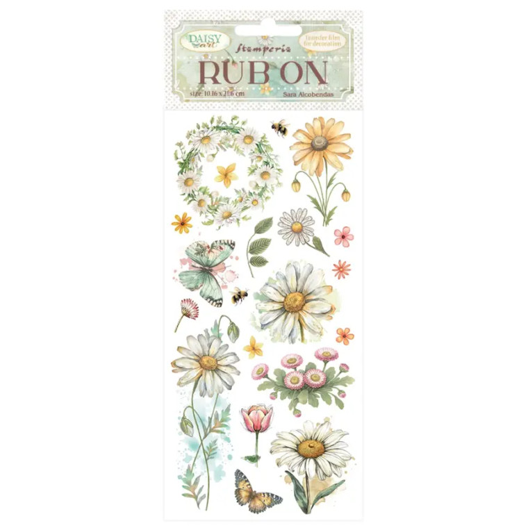 Stamperia - Daisy Art - Daisies and Butterflies - Rub-On Transfers (DFLRB220)

Stamperia Daisy Art Collection.  Rub On's contain lots of images to embellish your projects.  These Rub On's are a great way to add an extra element to your paper craft projects, easy to use and have a very effective finish.  With Rub On you can transfer images onto any kind of smooth surface, as if they were printed on it.  Suitable for card making, scrapbooking, journaling etc.  Best on light colour surfaces.  1 sheet – 10.25 x 4.25 inches.