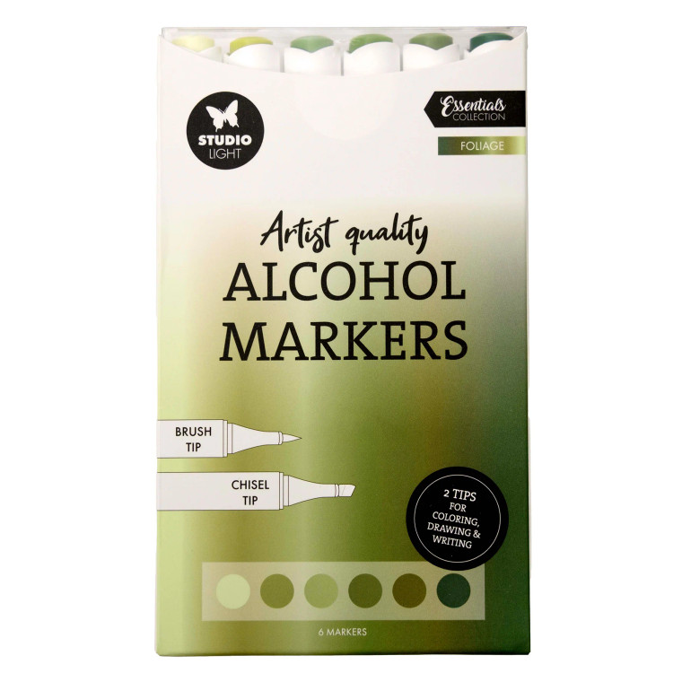 Studio Light - Essentials - Alcohol Markers - Foliage (SL-CO-MARK43)

Pack contains 6 Artist Quality Alcohol Markers.  Each marker pen has 2 tips for colouring, drawing & writing: Brush Tip / Chisel Tip.  Each marker delivers bright, intense colour with smooth, streak-free coverage.  The alcohol-based ink dries quickly, making it easy to build layers, blend colours and create beautiful gradients.  Ideal for illustration, colouring projects, cardmaking and mixed media.  For best results, use them on dedicated alcohol marker paper.  This smooth, coated paper helps reduce bleeding and show-through, keeping your lines crisp and your colours rich.  The blender is perfect for blending and softening colours, and for creating highlights or light effects.  Many alcohol markers feature both a brush tip and a chisel tip, so you can easily switch between detail work, broad areas, shading and special effects.