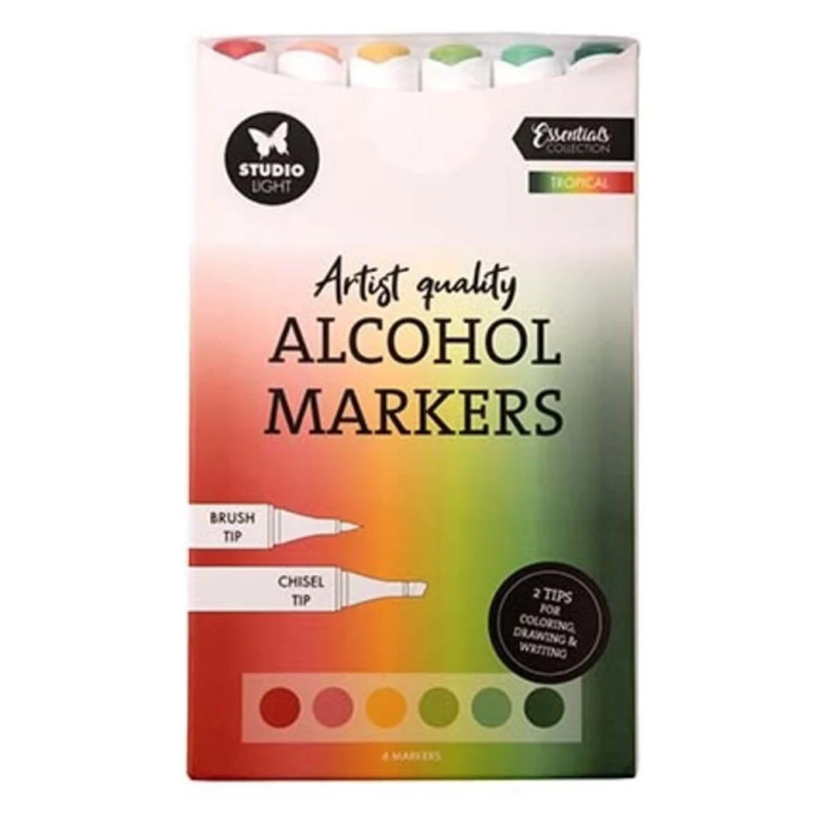 Studio Light - Essentials - Alcohol Markers - Tropical (SL-CO-MARK46)

Pack contains 6 Artist Quality Alcohol Markers.  Each marker pen has 2 tips for colouring, drawing & writing: Brush Tip / Chisel Tip.  Each marker delivers bright, intense colour with smooth, streak-free coverage.  The alcohol-based ink dries quickly, making it easy to build layers, blend colours and create beautiful gradients.  Ideal for illustration, colouring projects, cardmaking and mixed media.  For best results, use them on dedicated alcohol marker paper.  This smooth, coated paper helps reduce bleeding and show-through, keeping your lines crisp and your colours rich.  The blender is perfect for blending and softening colours, and for creating highlights or light effects.  Many alcohol markers feature both a brush tip and a chisel tip, so you can easily switch between detail work, broad areas, shading and special effects.