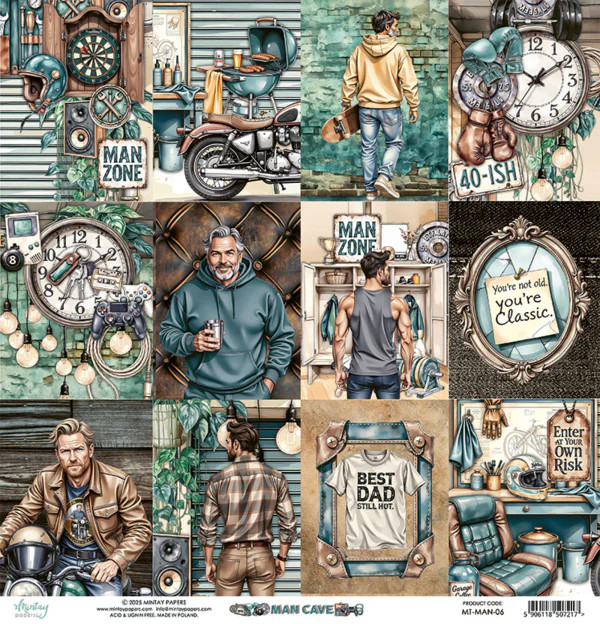Mintay Papers - 12 x 12 Double Sided Paper - Man Cave (MT-MAN-06)

This 12" x 12" double sided paper, Man Cave is part of the Man Cave Collection from Mintay Papers.  The front of this paper has a selection of images depicting just some of the things your man might be interested in or have in his Man Cave.  The reverse side features wood paneling.  These designs are printed on 250 gsm paper which is heavyweight paper.  This paper can be used for cards, scrapbook pages, tags, journals, and other paper crafting projects.  This paper is acid and lignin free.